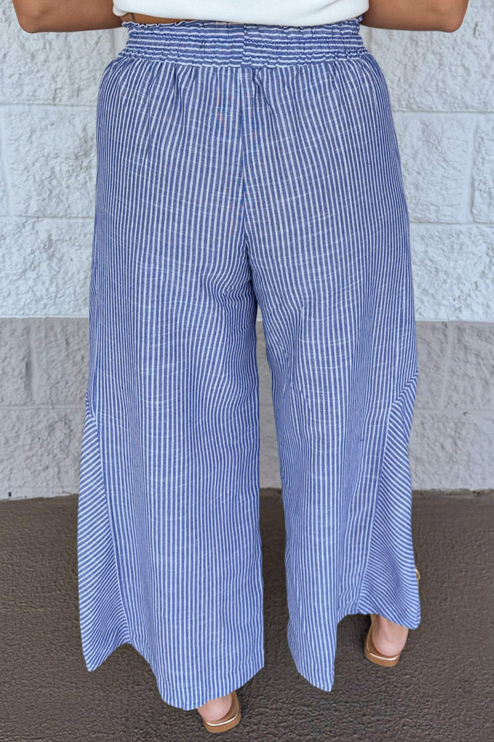blue and cream striped wide leg frayed seam details elastic waist linen pants