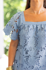 blue crochet lace square neck dressy top