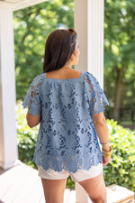 blue crochet lace square neck dressy top