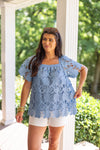 blue crochet lace square neck dressy top