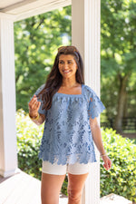 blue crochet lace square neck dressy top