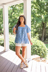 blue crochet lace square neck dressy top