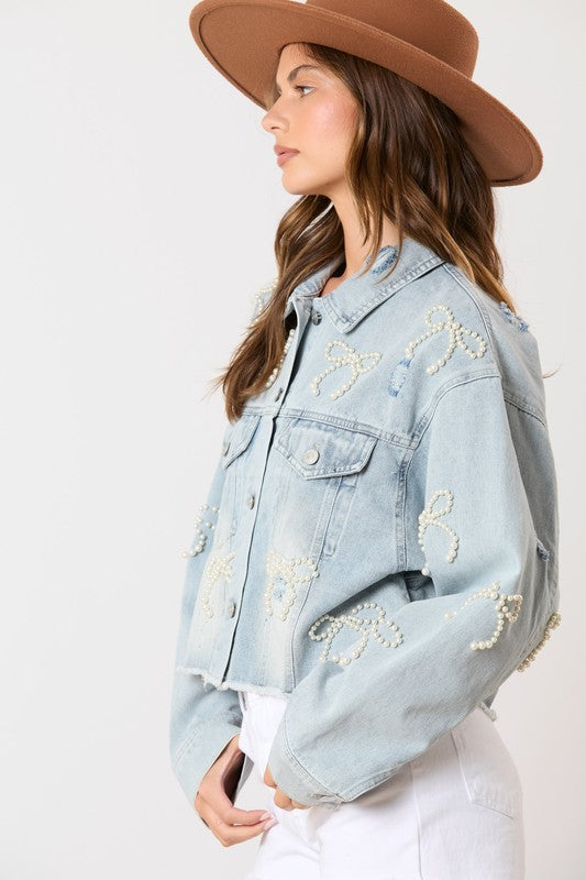 Peach Love California Light blue denim cropped jacket with beaded pearl bow ties