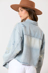 Peach Love California Light blue denim cropped jacket with beaded pearl bow ties