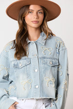 Peach Love California Light blue denim cropped jacket with beaded pearl bow ties