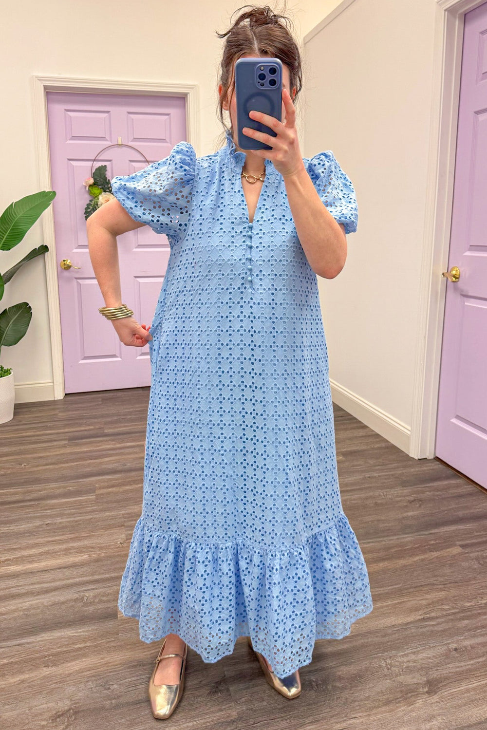 Baby blue embroidered eyelet detail maxi dress v neck