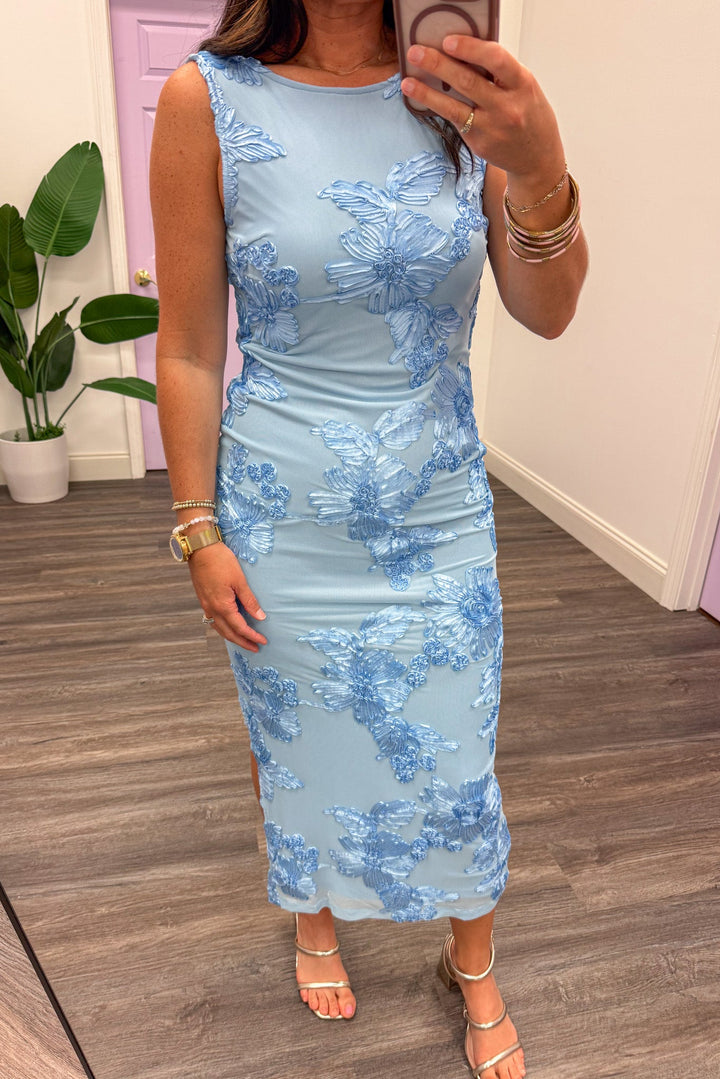 light blue with satin embroidered flowers crew neckline mesh midi dress