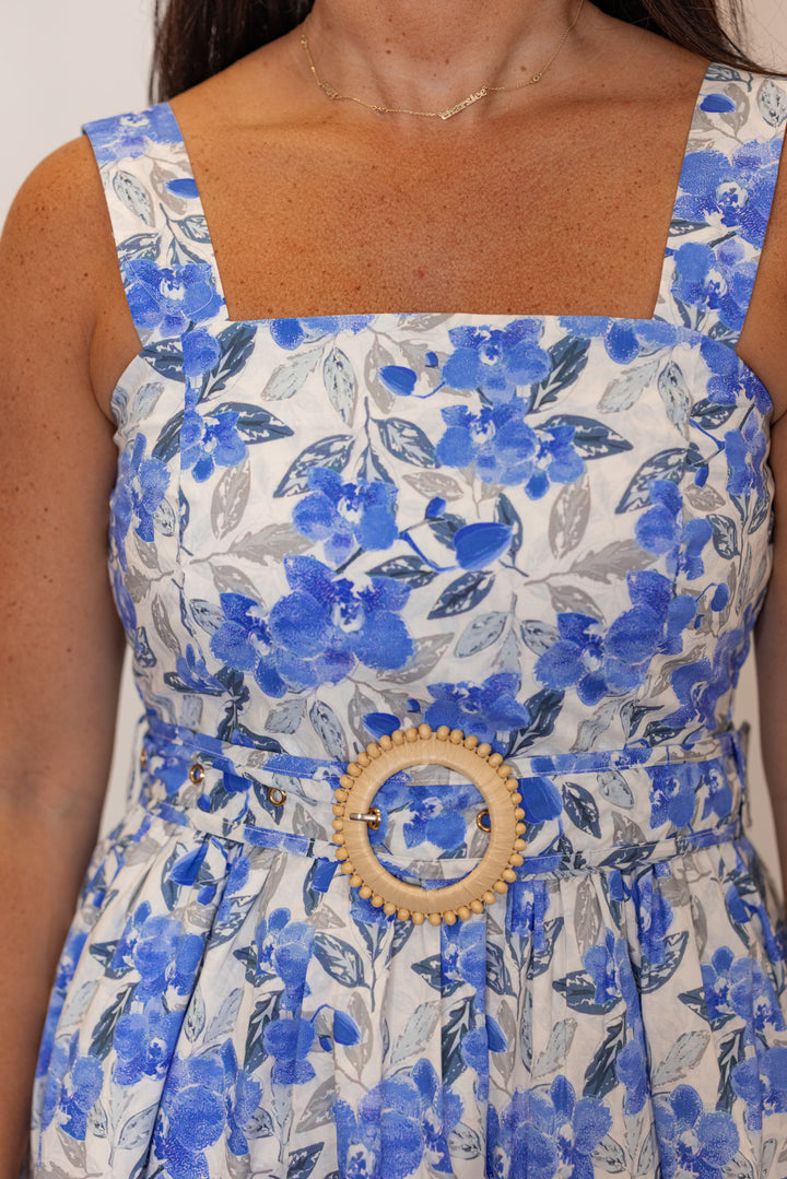 blue floral belted midi dress