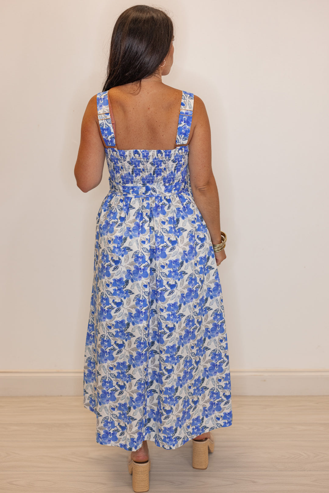 blue floral belted midi dress