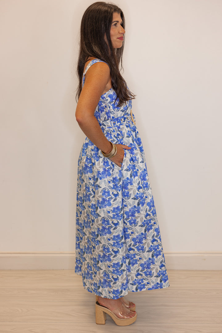 blue grey floral belted midi dress
