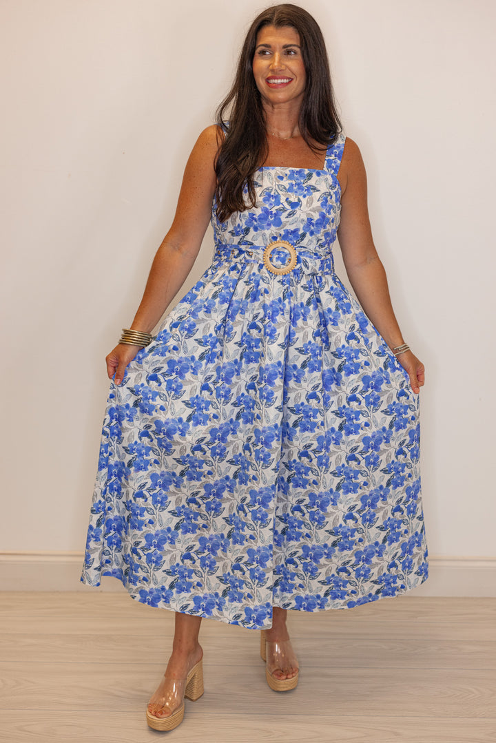 blue white floral belted midi dress