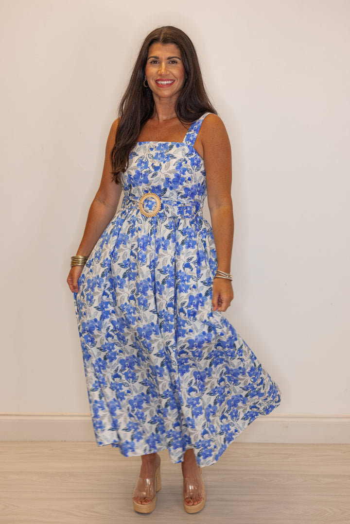 blue floral belted midi dress