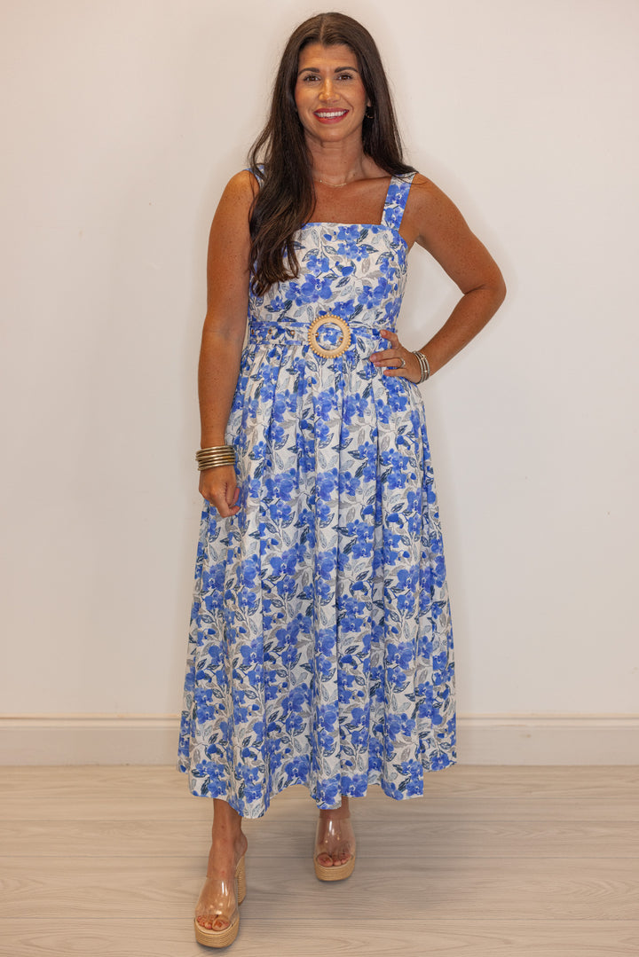 blue floral belted long dress