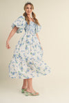 &merci Light blue puff sleeve smocked midi dress with dark blue and yellow floral print