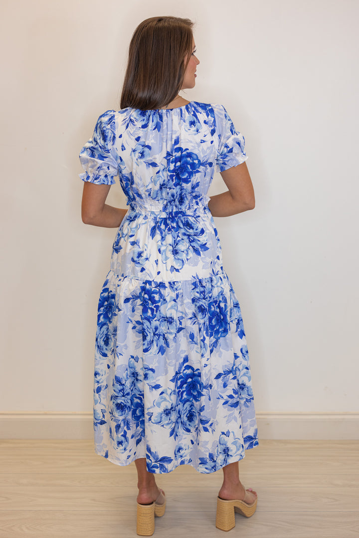 classic style blue white floral midi dress