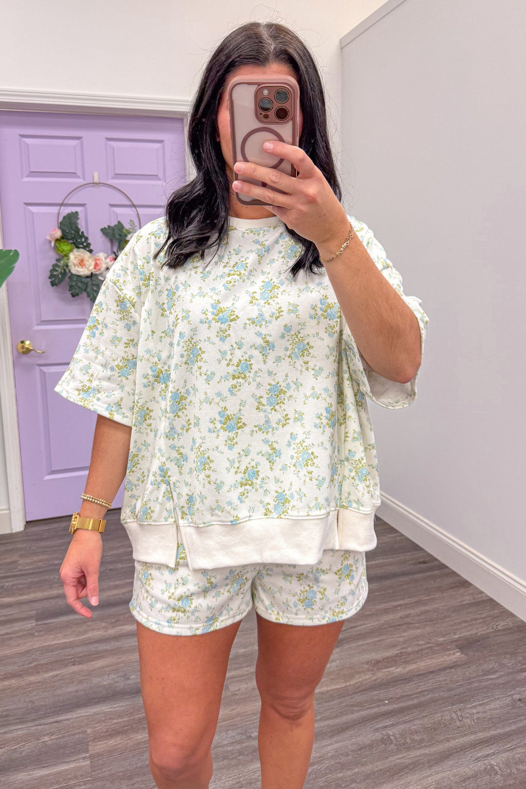 Women's blue and light green floral shorts set