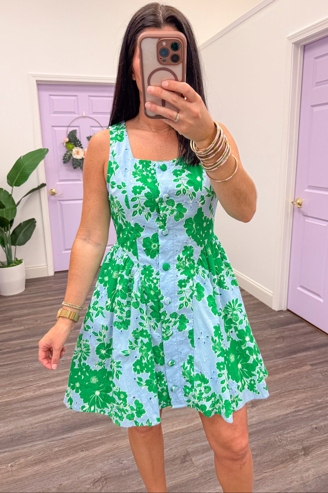 pale blue and green floral print eyelet embroidered sleeveless mini dress