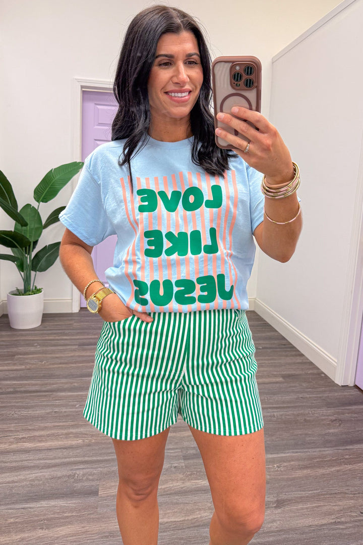 blue green and pink love like jesus christian graphic tee