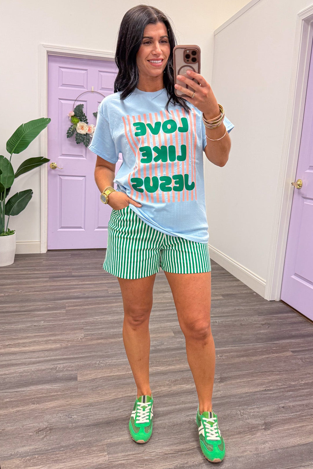 blue green and pink love like jesus short sleeve christian graphic tee