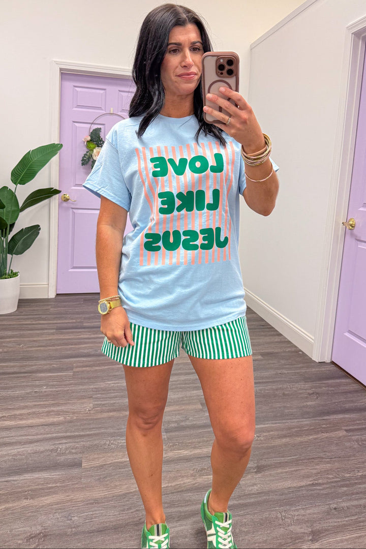 blue green and pink love like jesus stripe detail christian graphic tee