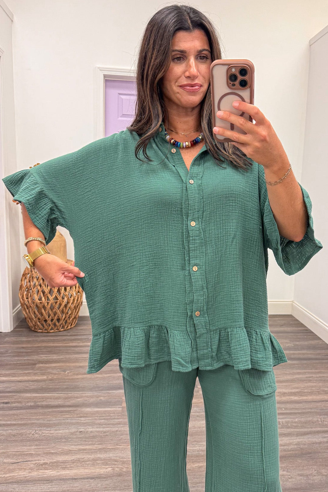 solid bluish green ruffle trim button down short sleeve relaxed fit cotton gauze top