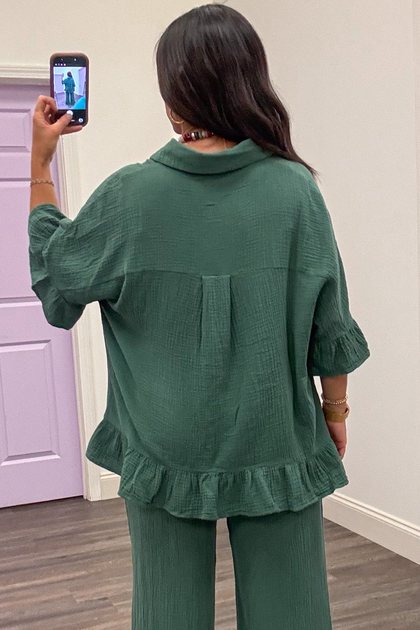 solid bluish green ruffle trim button down short sleeve cotton gauze top with back gathered detail