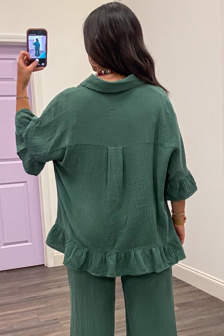 solid bluish green ruffle trim button down short sleeve cotton gauze top with back gathered detail