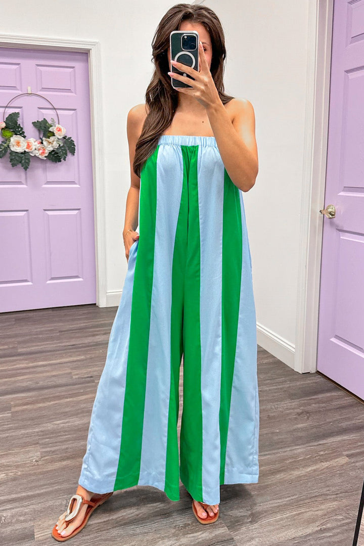light blue and green vertical striped strapless wide leg jumpsuit
