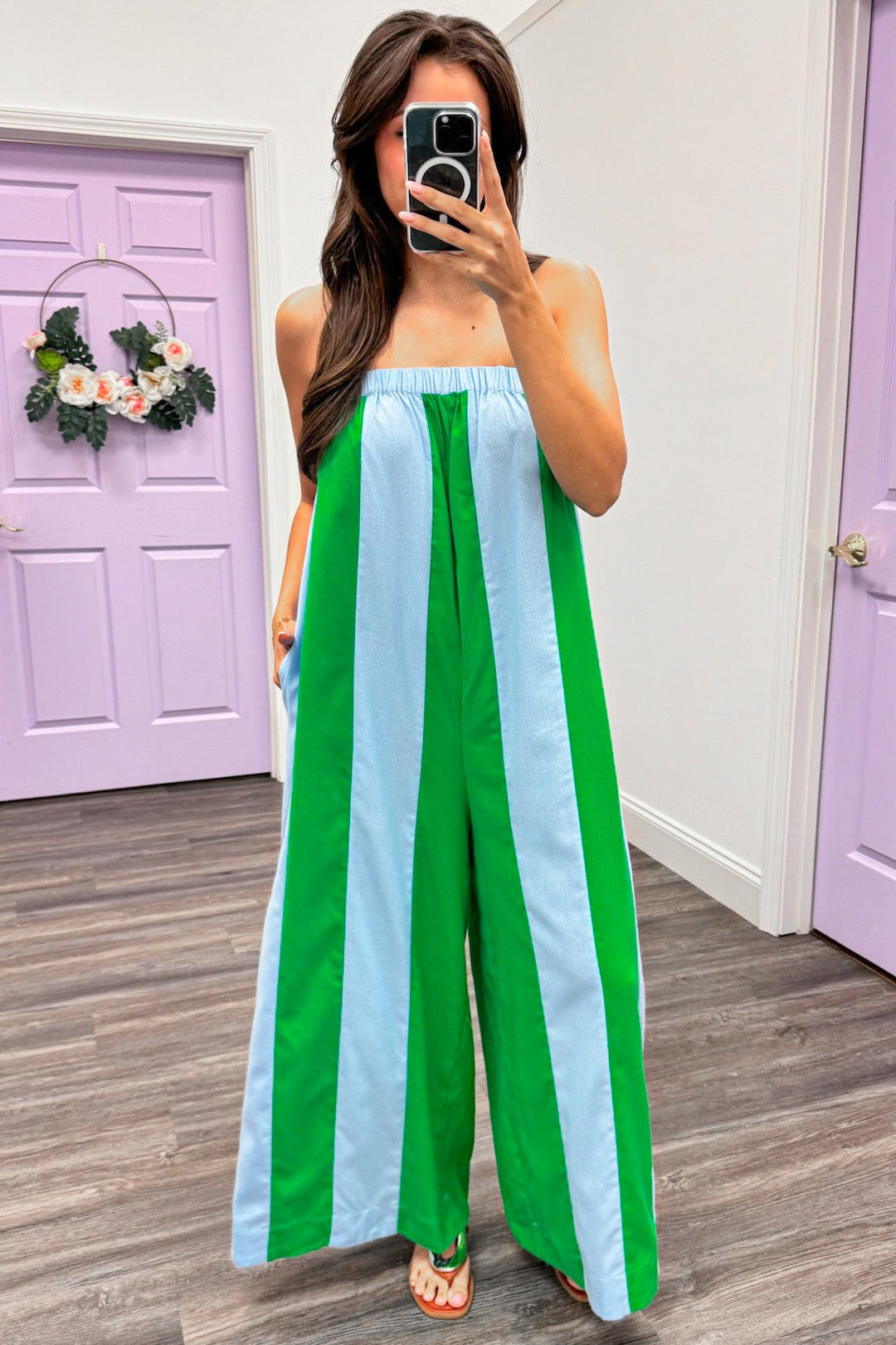 light blue and green wide vertical stripes wide leg jumpsuit
