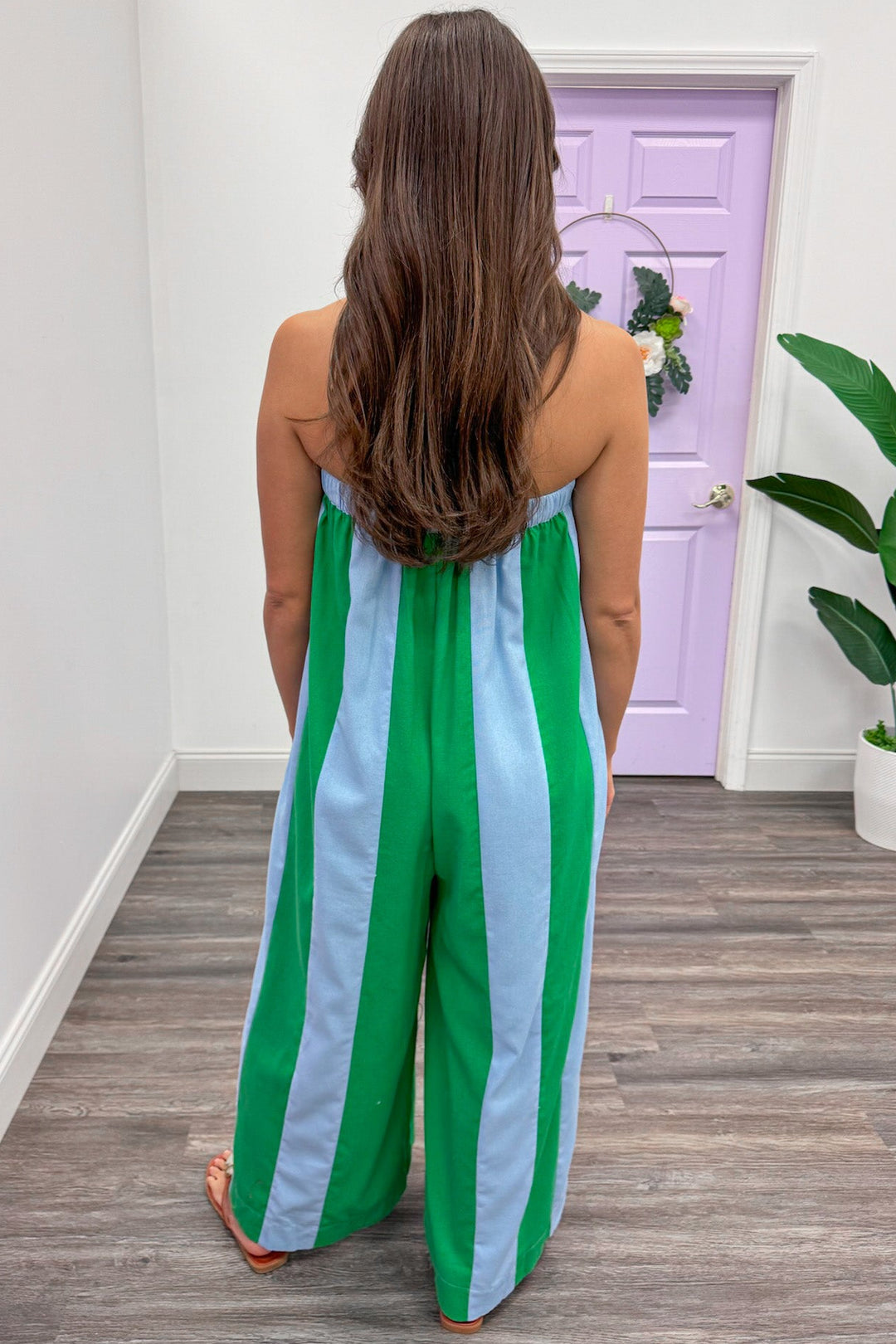 light blue and green vertical striped elastic band strapless wide leg jumpsuit