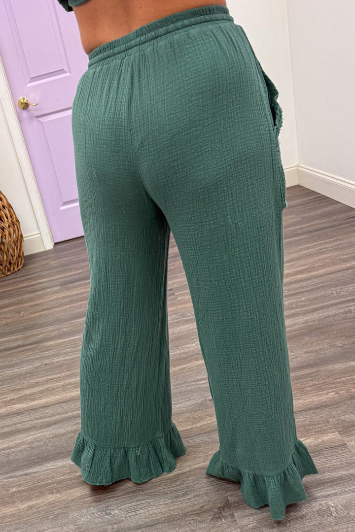 solid bluish green ruffled hem wide leg elastic waistband cotton gauze pants