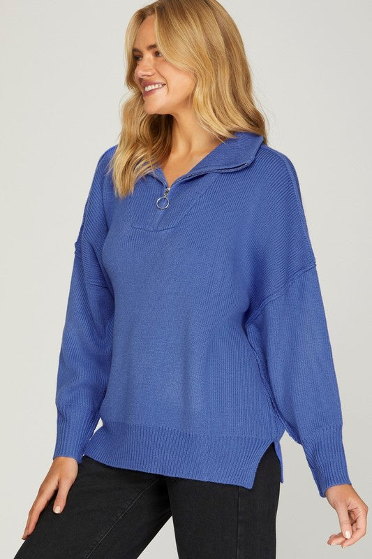 She + Sky Cobalt blue ribbed knit half zip sweater