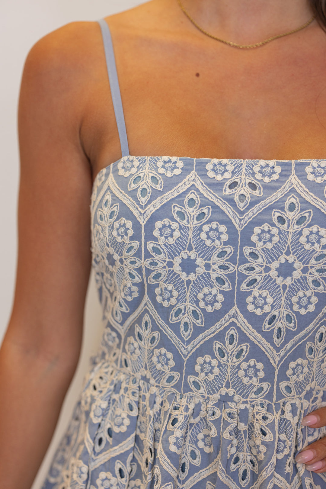 blue ivory crochet mini dress