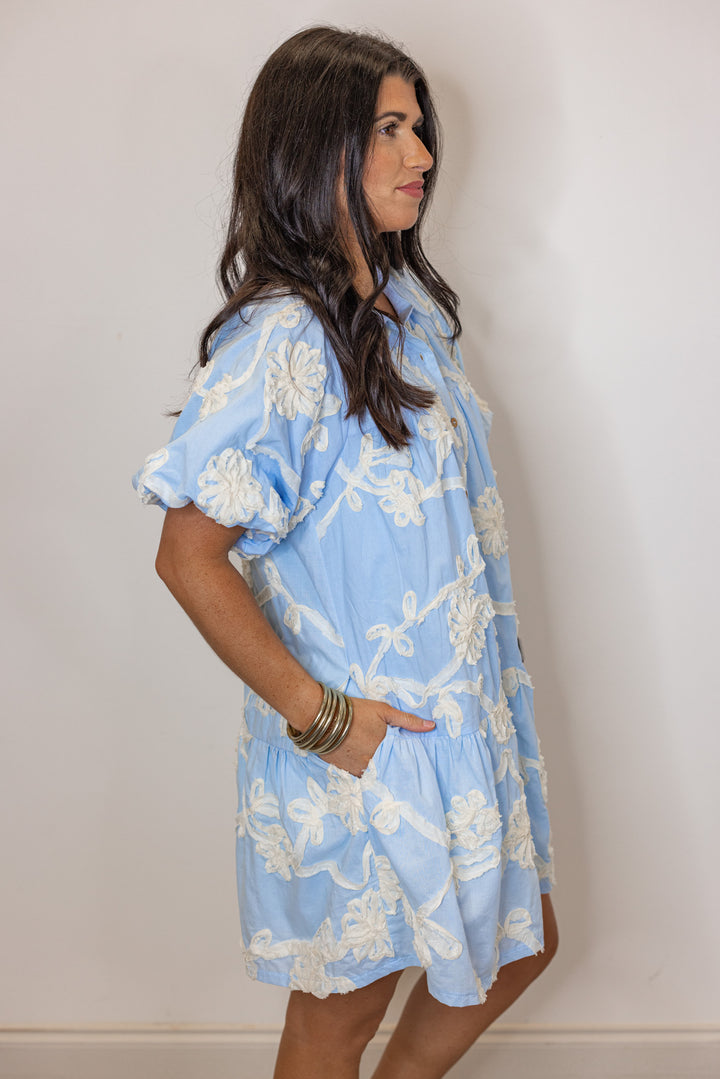 blue ivory floral applique babydoll dress