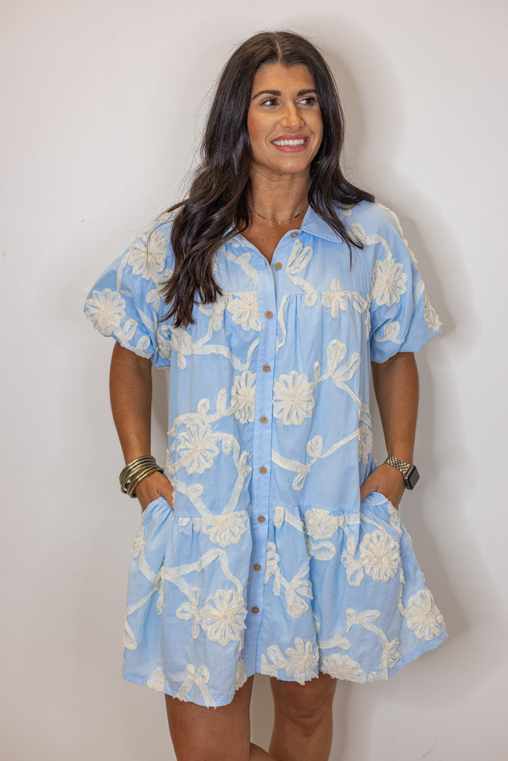 blue ivory floral applique babydoll dress