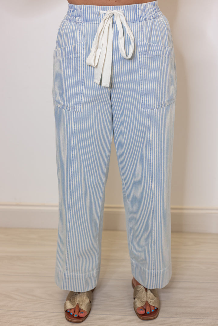 Women's light blue and cream striped wide leg cropped pants by &merci