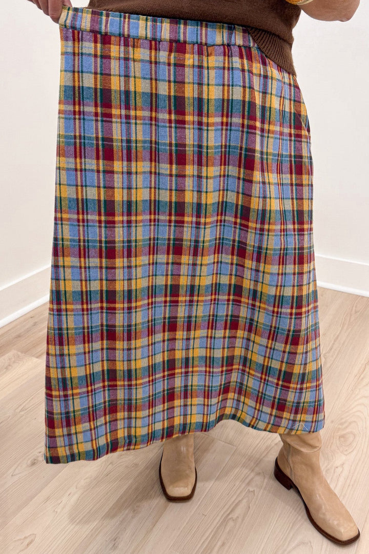 light blue mustard dark red and green plaid flannel print elastic waist flowy silhouette midi skirt