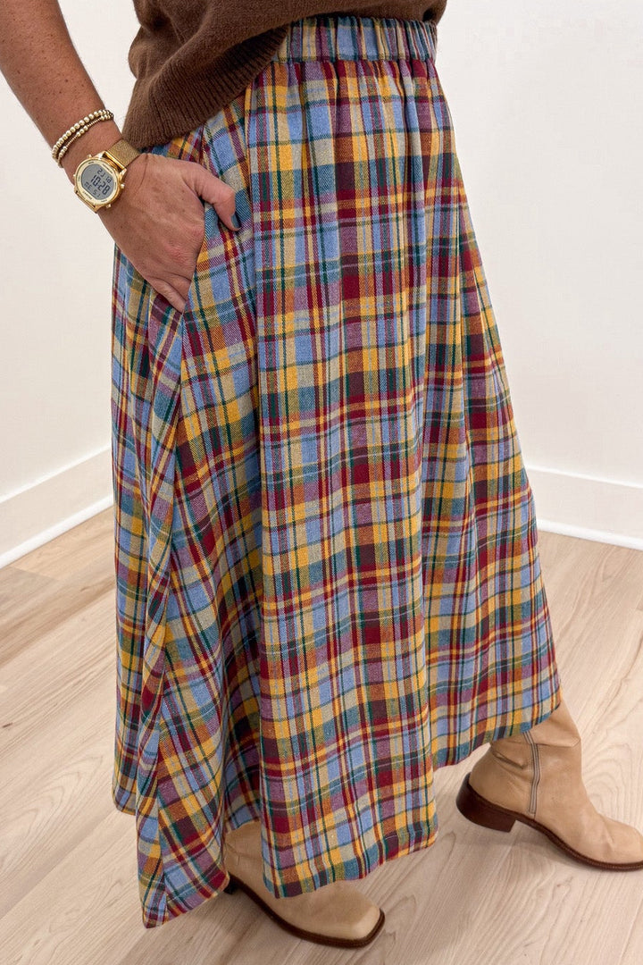 light blue mustard dark red and green plaid flannel print elastic waist midi skirt with side pockets