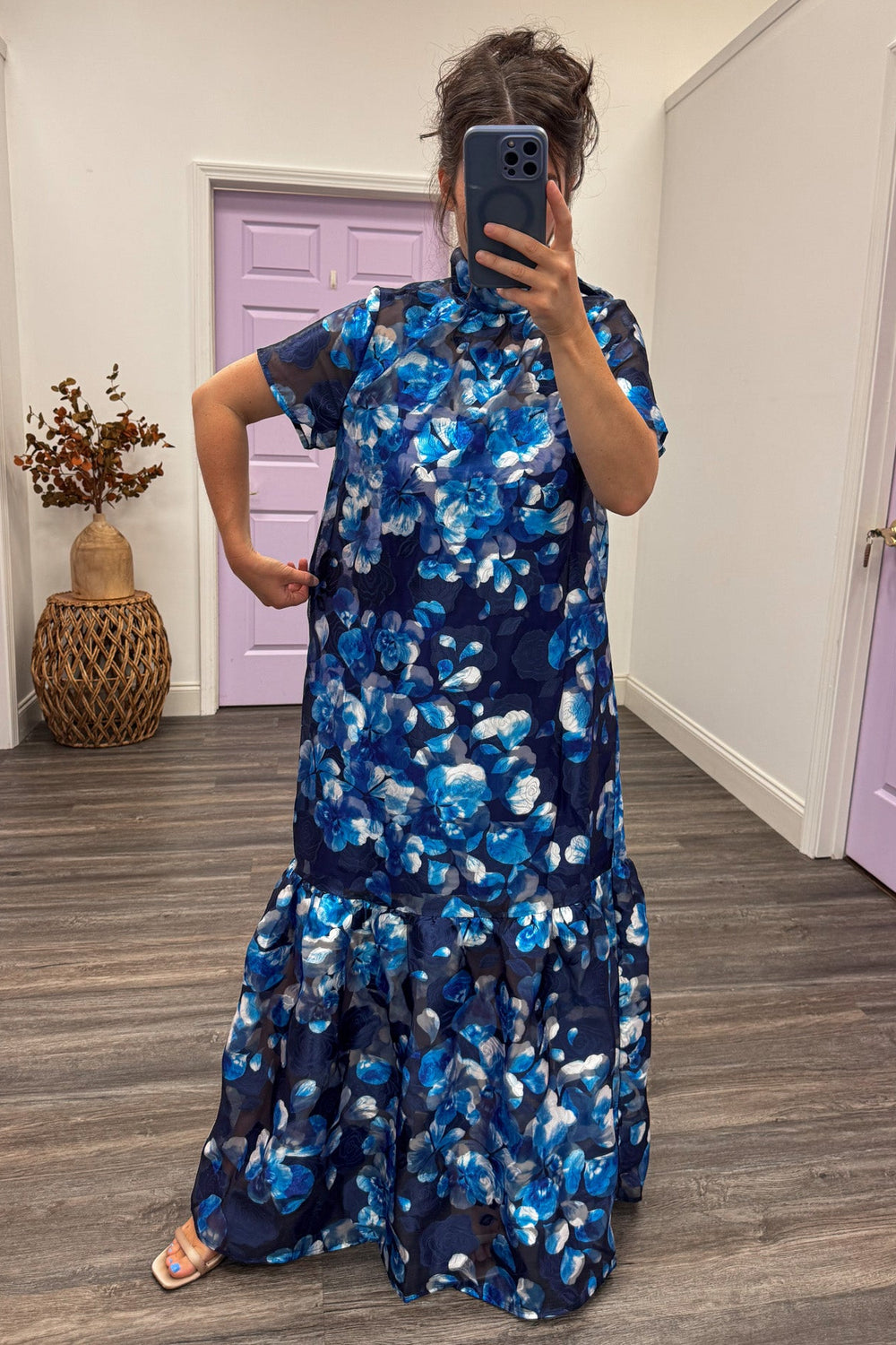 navy blue floral wedding guest dress
