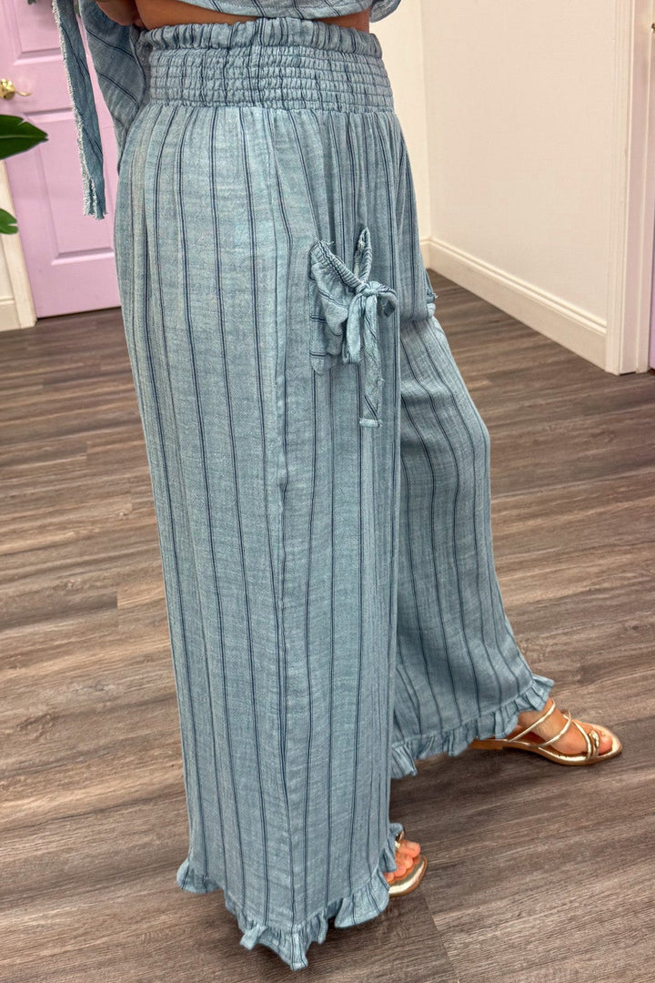 light blue with navy blue stripes ruffle hem elastic waist wide leg cotton pants