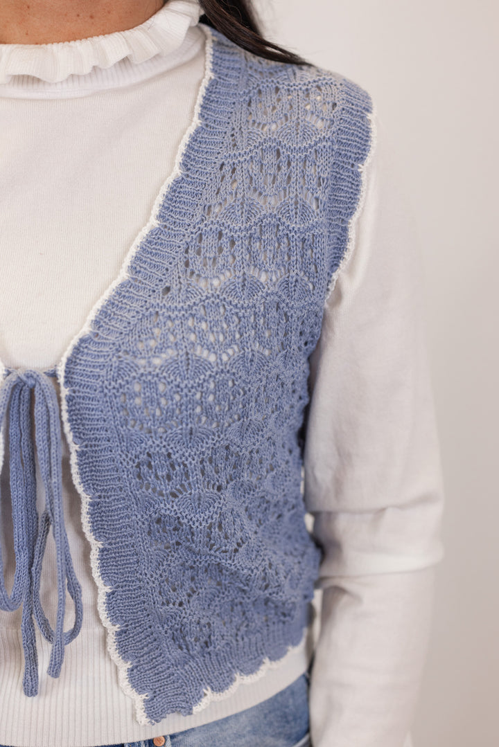 blue open knit crochet vest
