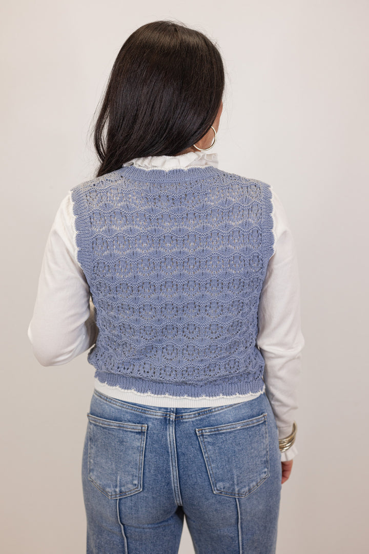 blue open knit crochet vest