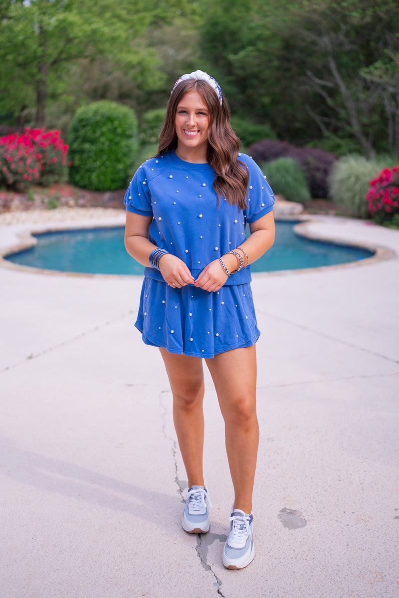 blue pearl terry knit matching skort set