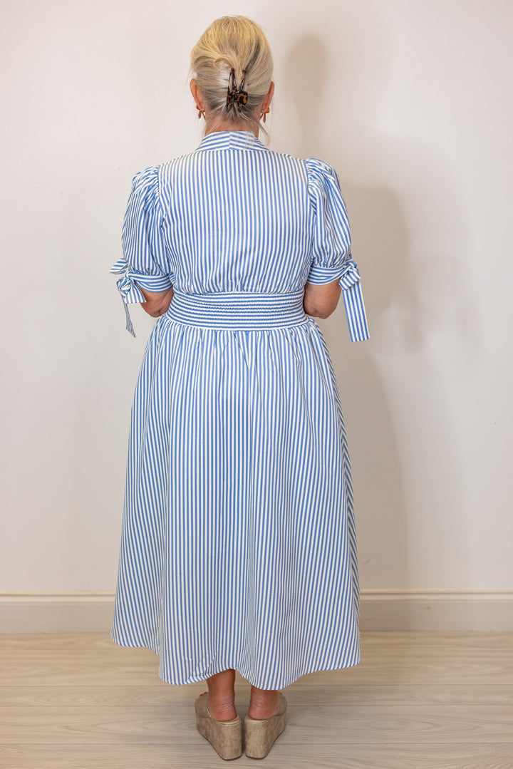 blue white stripe zip front midi dress
