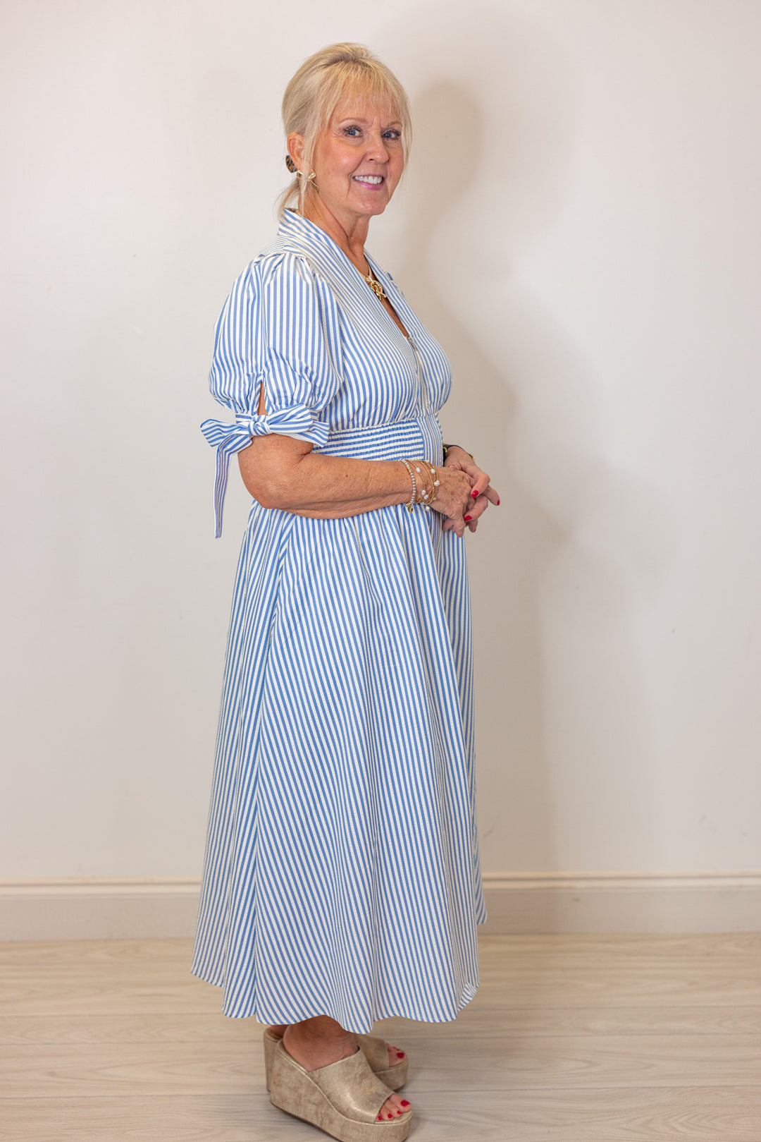 blue white stripe zip front midi dress