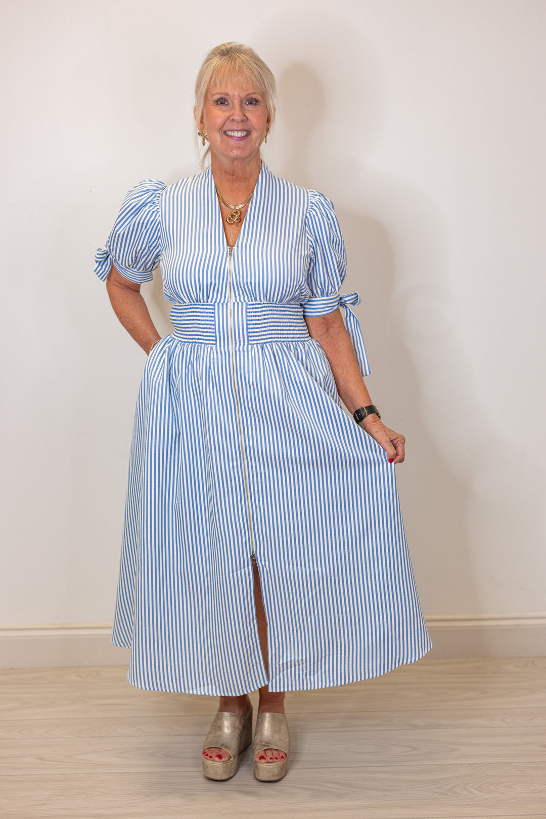 blue white stripe zip front midi dress