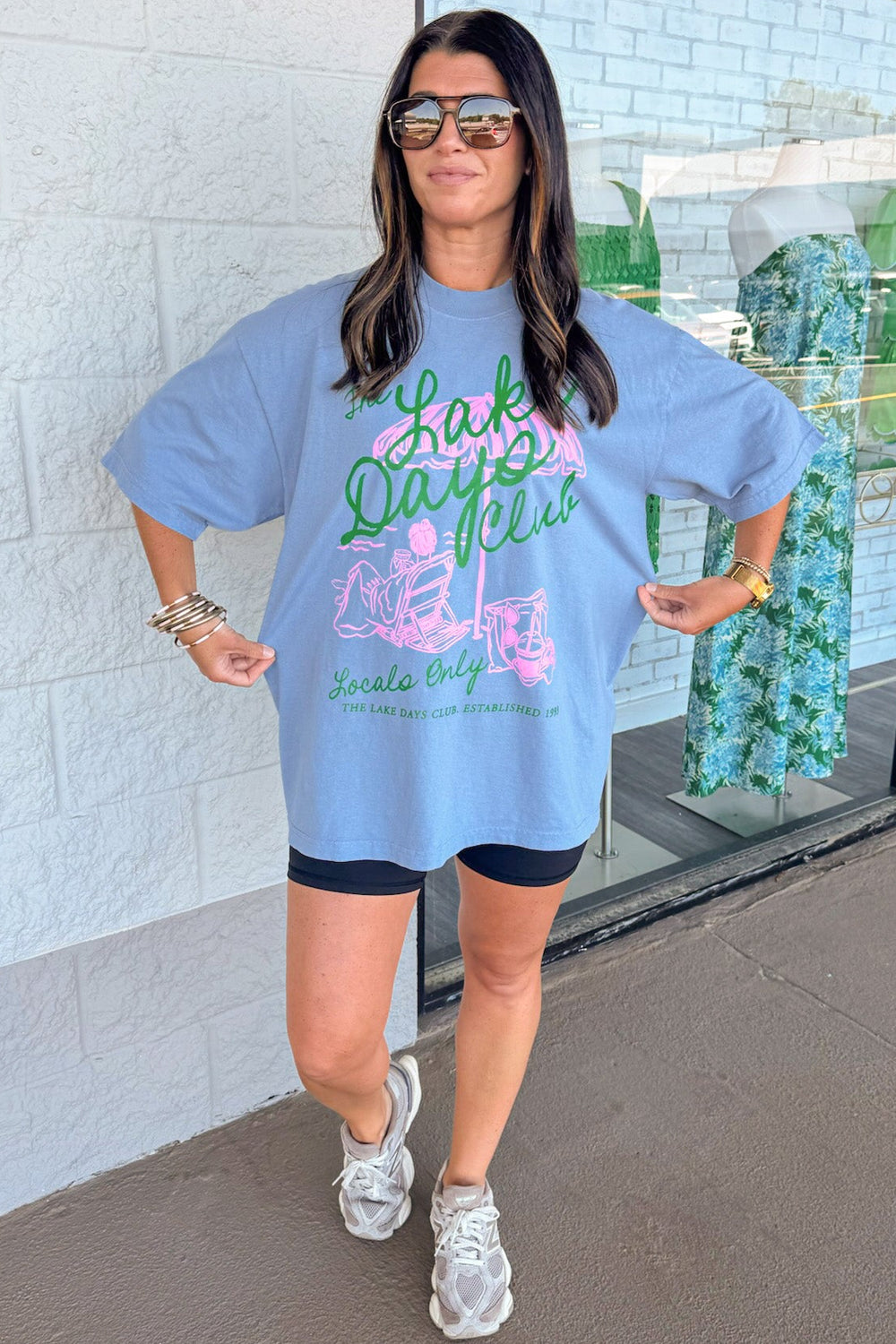 slate blue with pink and green lake days graphic print short sleeve relaxed fit tee shirt