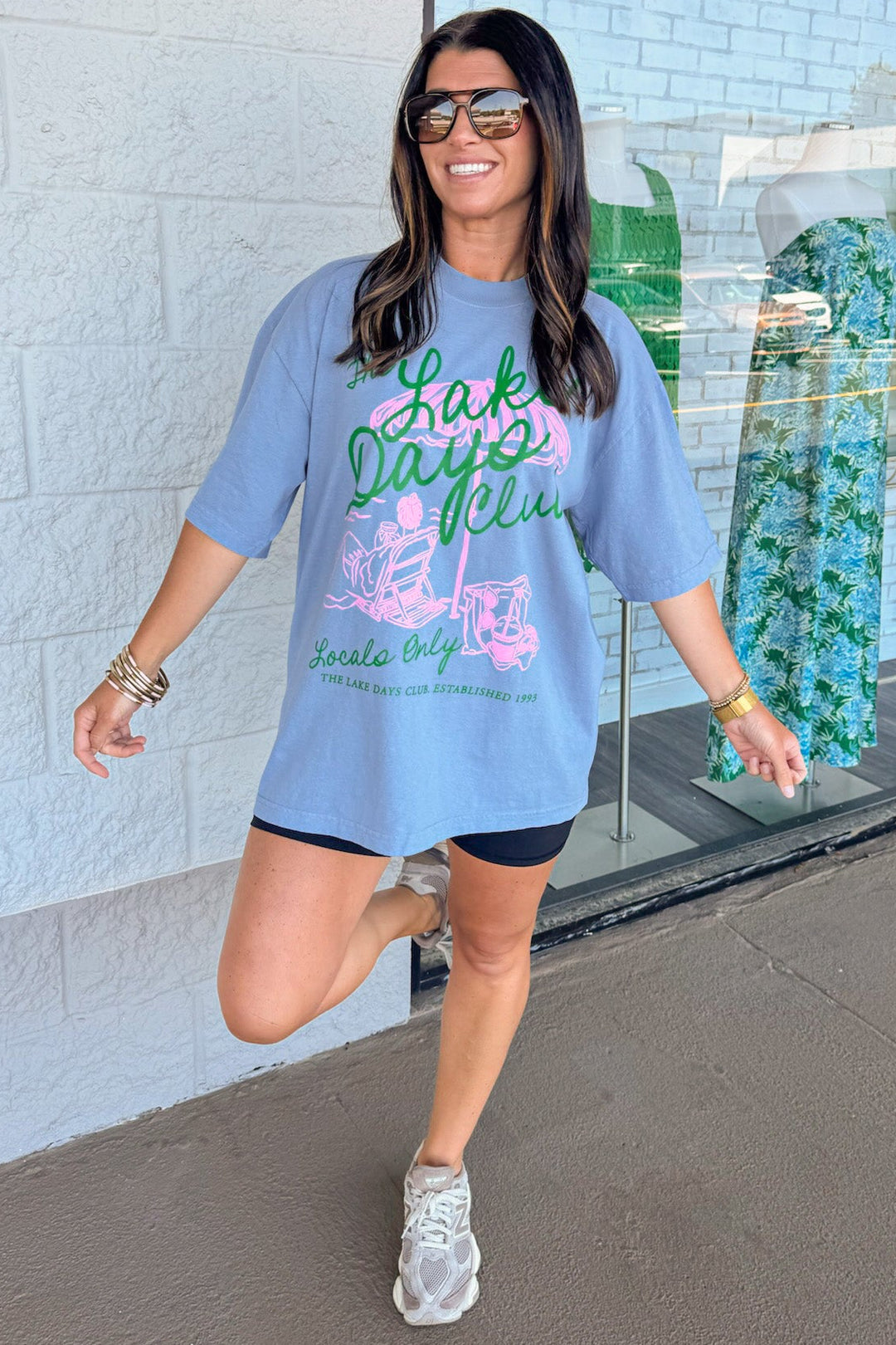 slate blue with pink and green lake days graphic print short sleeve tee shirt