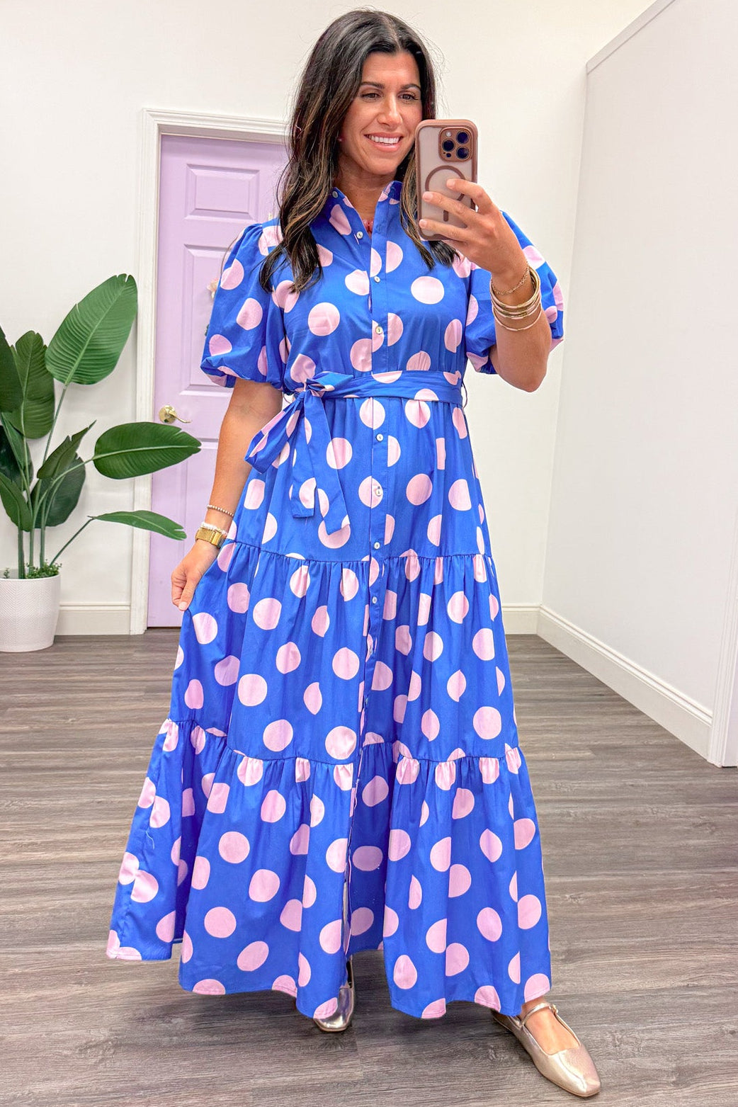 blue and light pink polka dot print button front short sleeve maxi dress