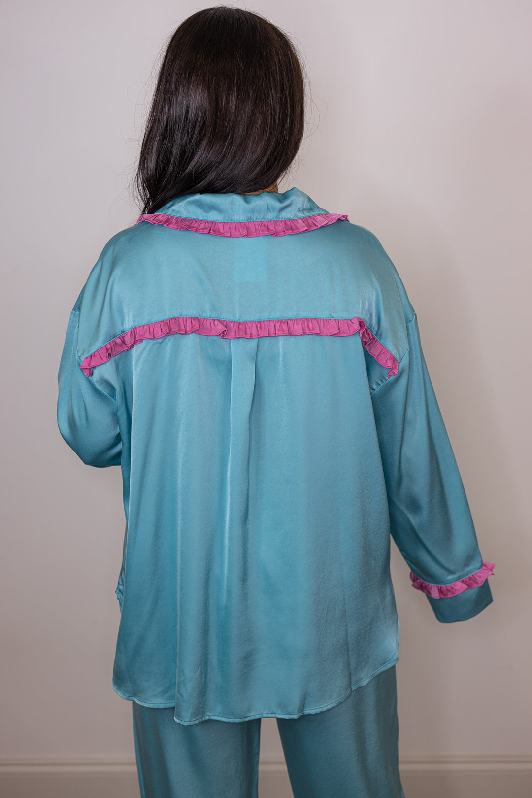 blue pink satin pajama pants set